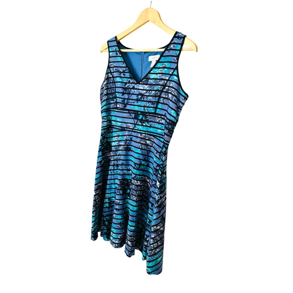Ann Taylor LOFT Sz 6 Blue Black Floral Stripe Fit N Flare Party Dress - Picture 4 of 10